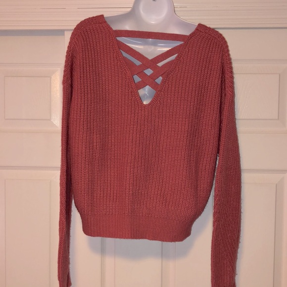 “Aeropostale” rose color, shaker knit v-neck sweater w/criss-cross back-jr sz M - Picture 2 of 10